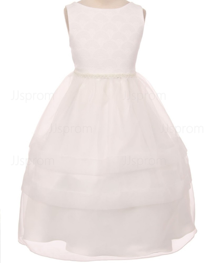 White Bodice Tulle Jewel Lace Tea Length First Holy Communion Dress FC0011