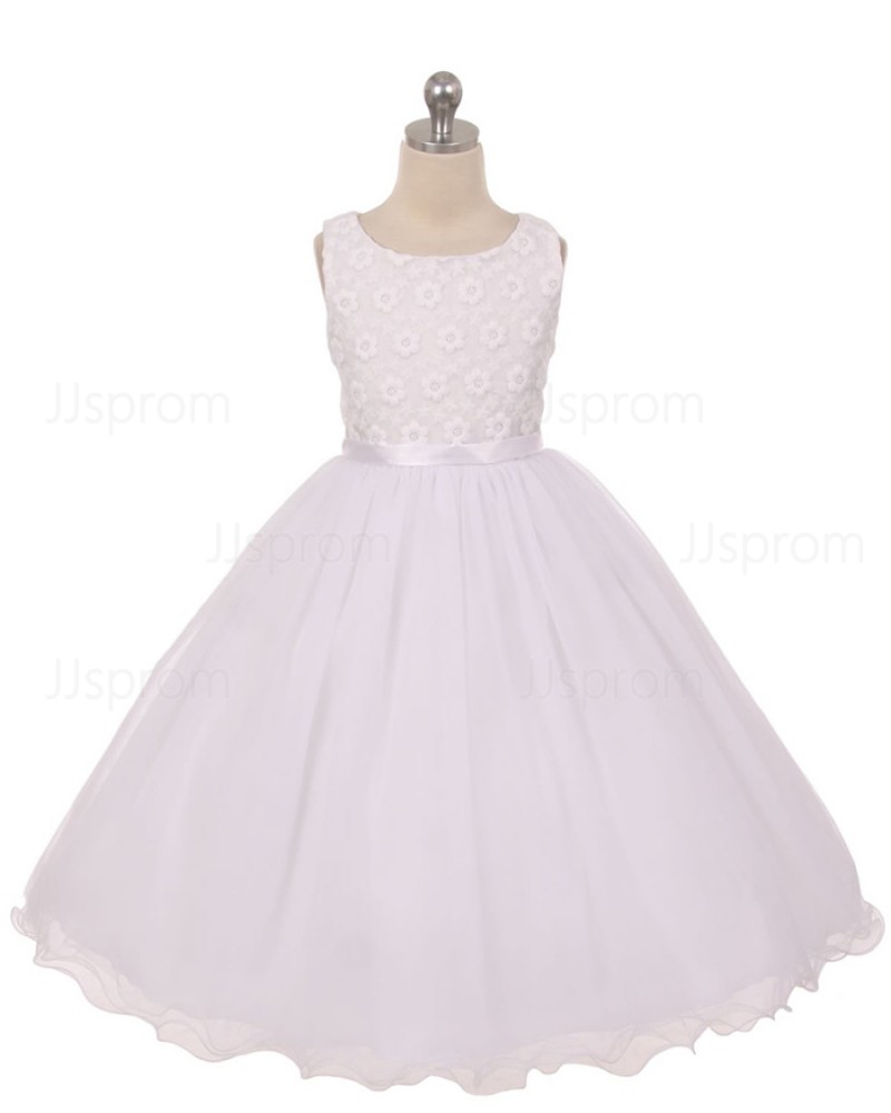 White Tulle Scoop Lace Bodice First Holy Communion Dress with Bowknot FC0012