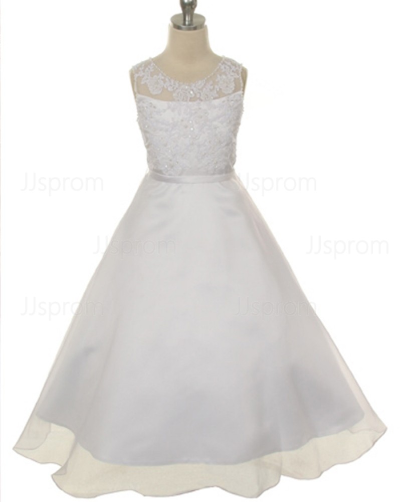 Appliqued Tulle Jewel Neck Tea Length Girl Dress FC0013