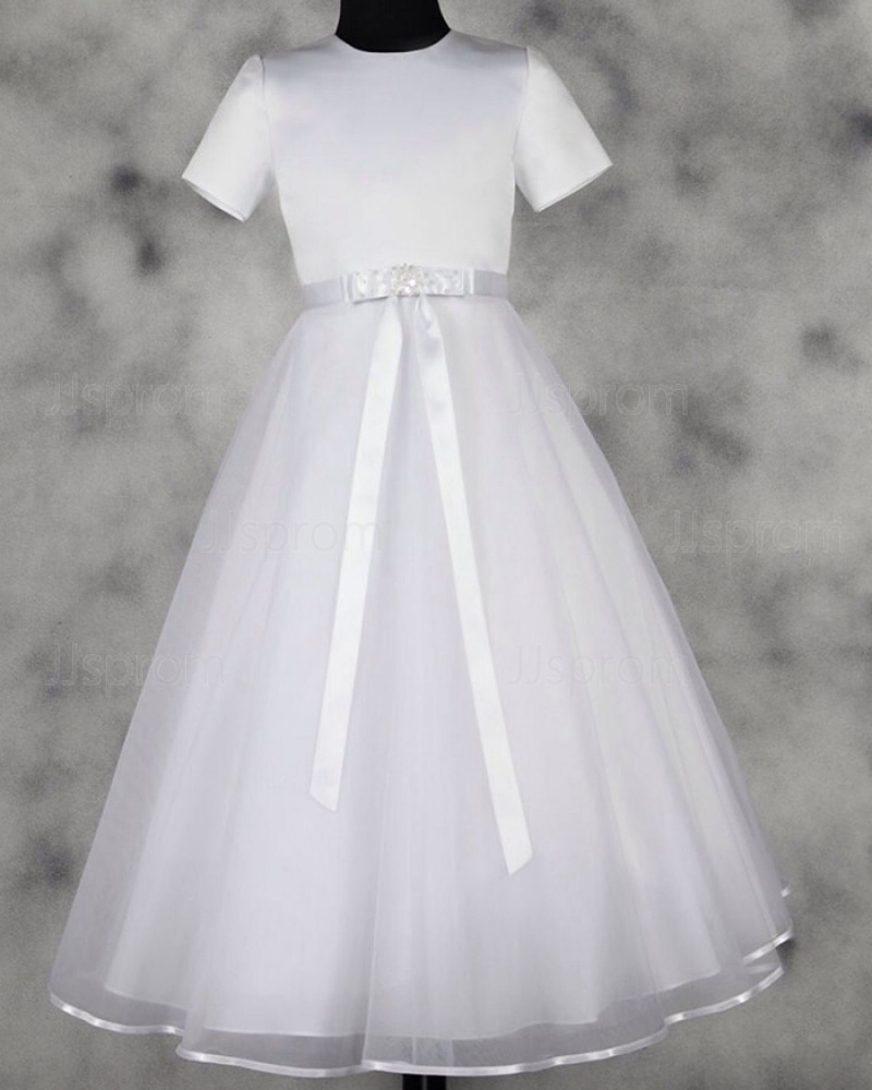 white satin communion dress