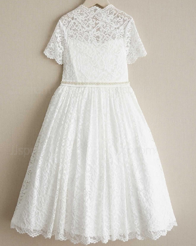 Lace White High Neck Beading Girl Dress with Short Sleeves FC0018