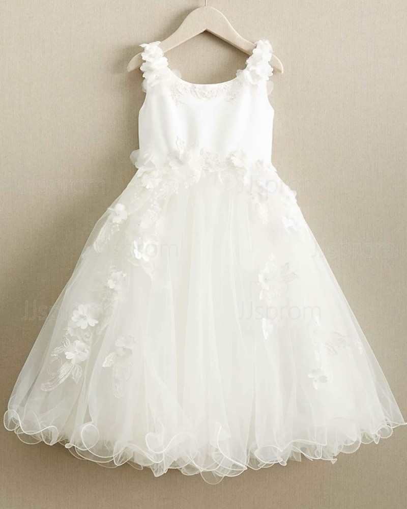White Satin & Tulle Scoop Girl Dress with Handmade Flowers FC0019