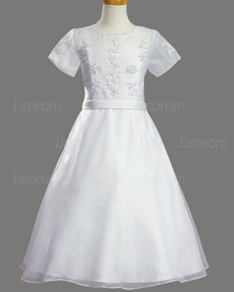 White Tulle Sheer Beading First Holy Communion Dress with Short Sleeves FC0020