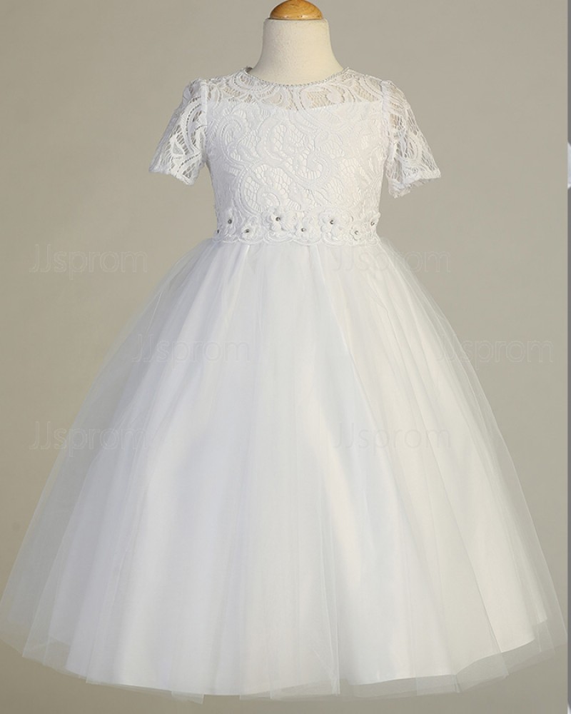 Lace Bodice High Neck Tulle Girl Dress with Handmade Flowers FC0021