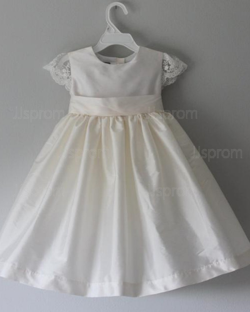 White Jewel Satin Girl Dress with Lace Cap Sleeves FC0024