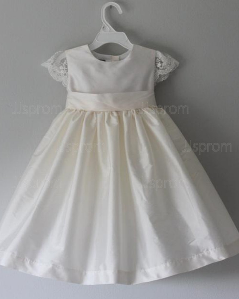 White Jewel Satin Girl Dress with Lace Cap Sleeves FC0024