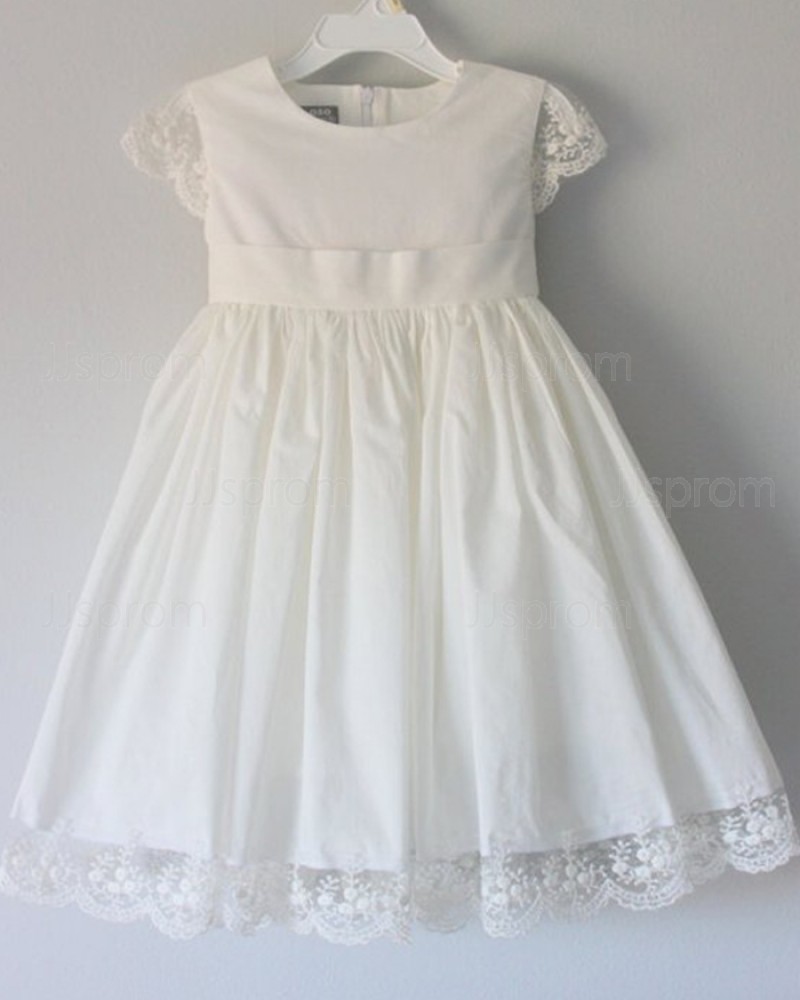 White Satin Jewel Girl Dress with Lace Appliques FC0025