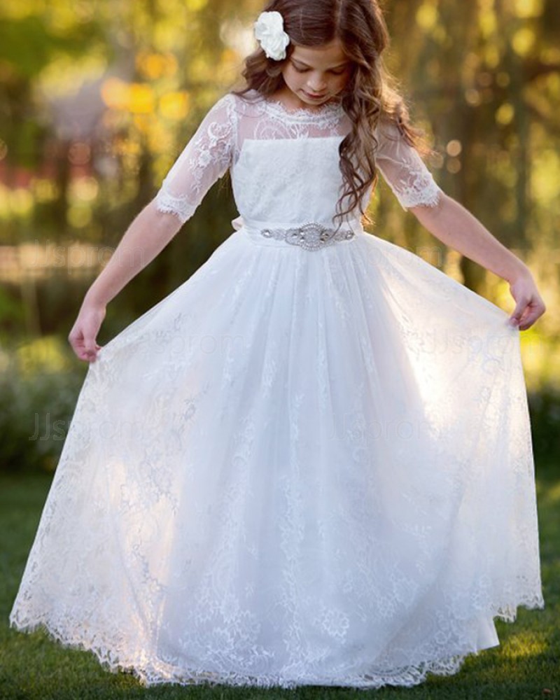 White Sheer Neck Lace First Holy Communion Dress with Beading Belt FC0028