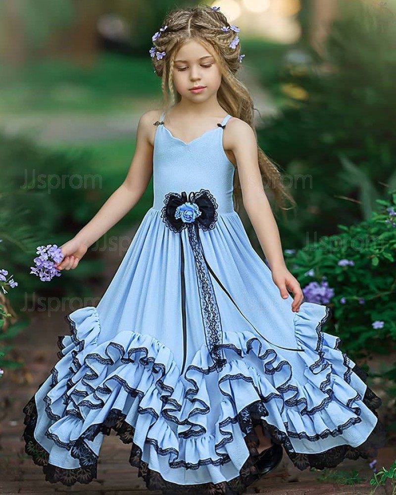 Elegant V-neck Sky Blue Satin Ruffled Girl Pageant Dress FG1008