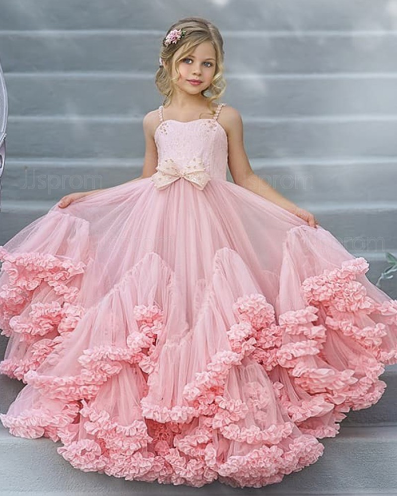 A-line Square Pink Tulle Ruffled Pageant Dress for Girls FG1009