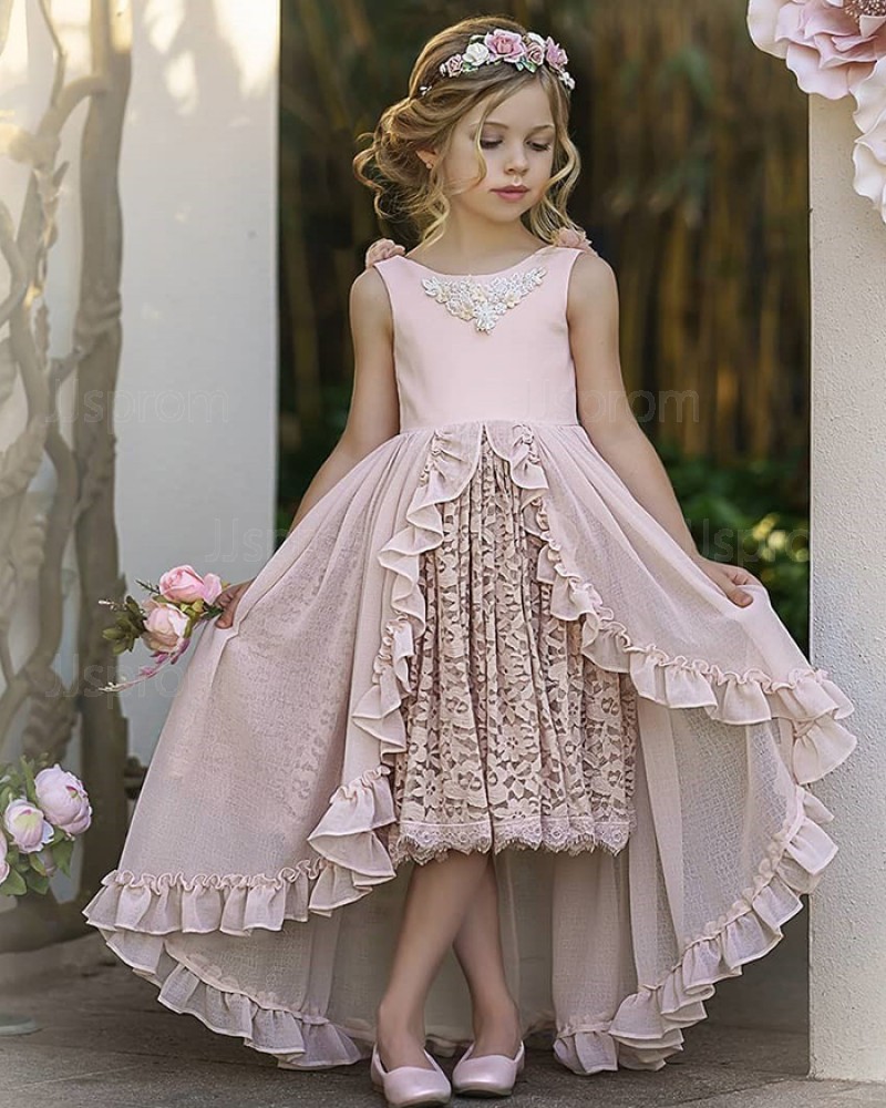 Jewel Neck Pink High Low Girls Pageant Dress with Lace Skirt FG1010