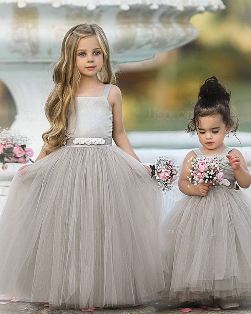 Square Neckline Grey Tulle Pleated Flower Girl Dress FG1013