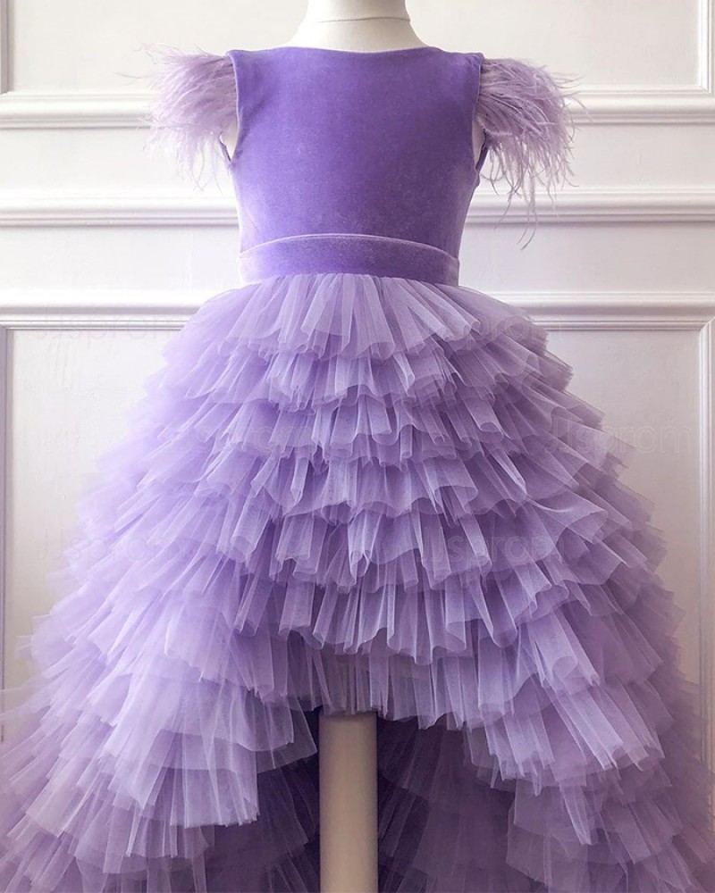Lavender High Low Ruffled Flower Girl Dress with Cap Sleeves FG1016