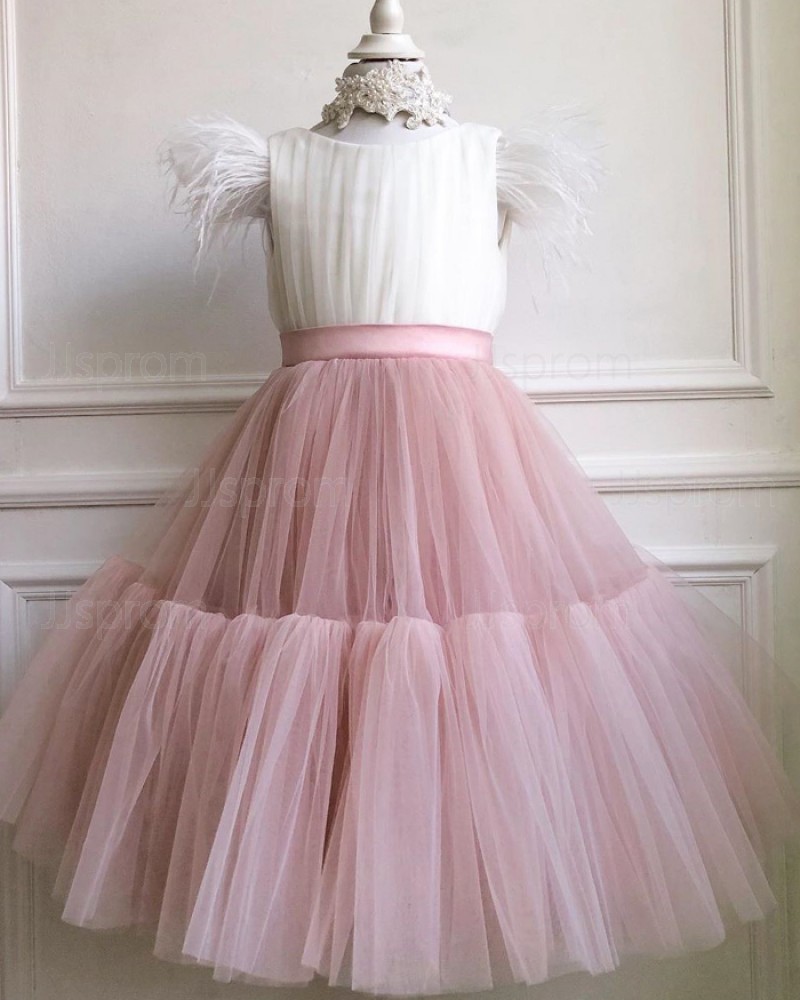White & Pink Ruffled Tulle Flower Girl Dress with Cap Sleeves FG1017