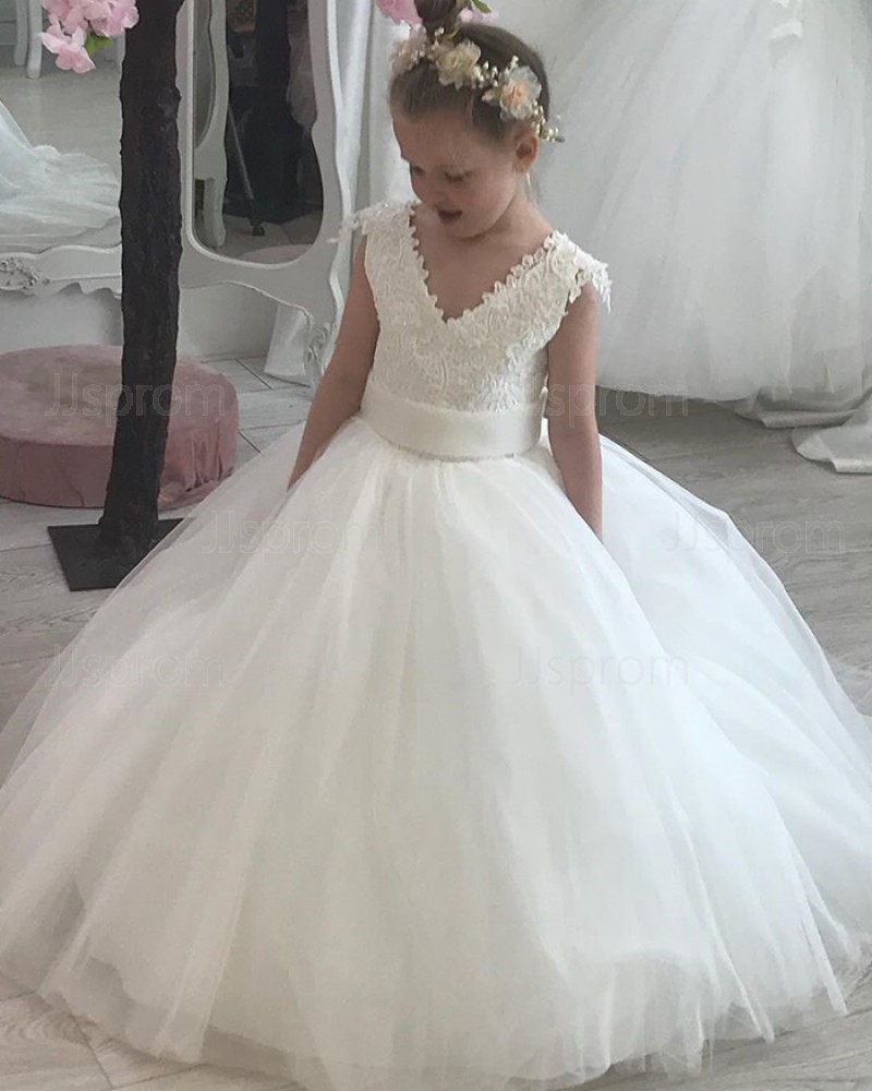 V-neck Lace Bodice White Tulle Flower Girl Dress FG1022