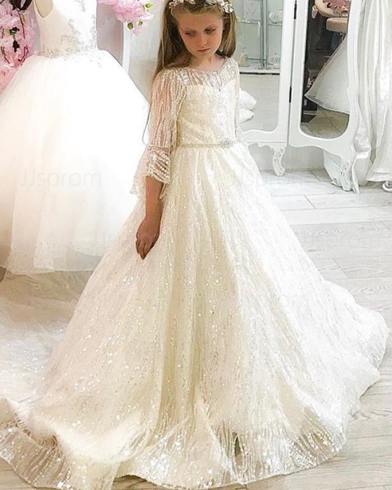 Elegant Jewel Neckline Beading A-line Pageant Dress for Girls with 3/4 Length Sleeves FG1024