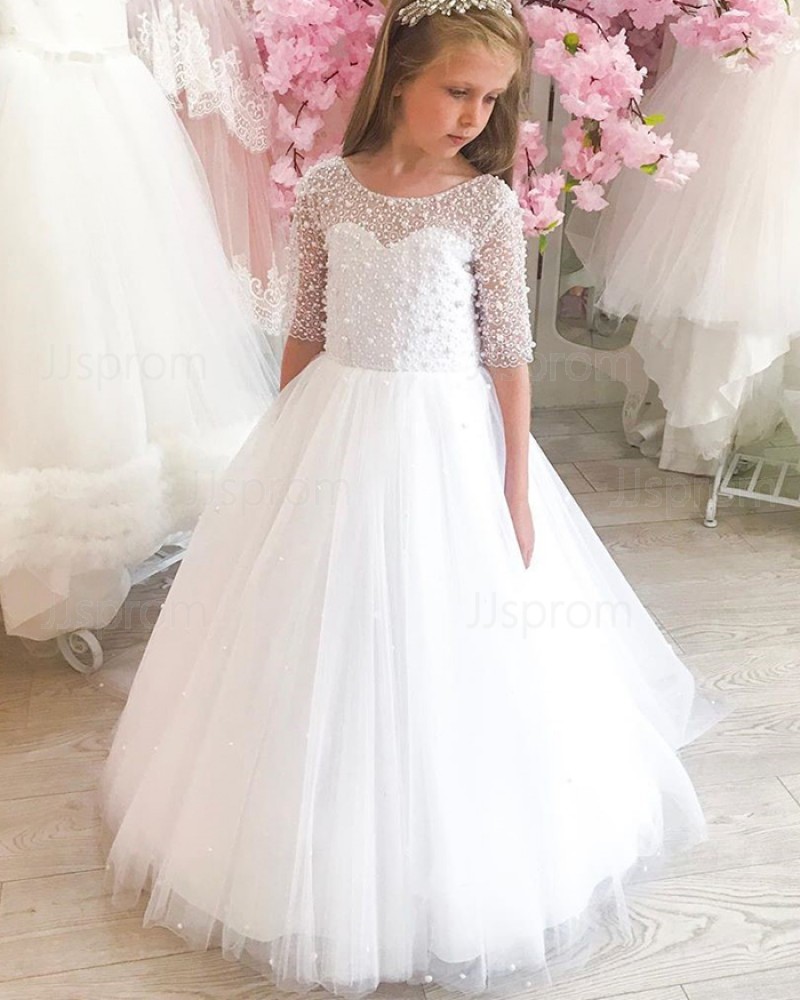 Bateau Neckline Beading White Tulle Pageant Dress for Girls FG1026