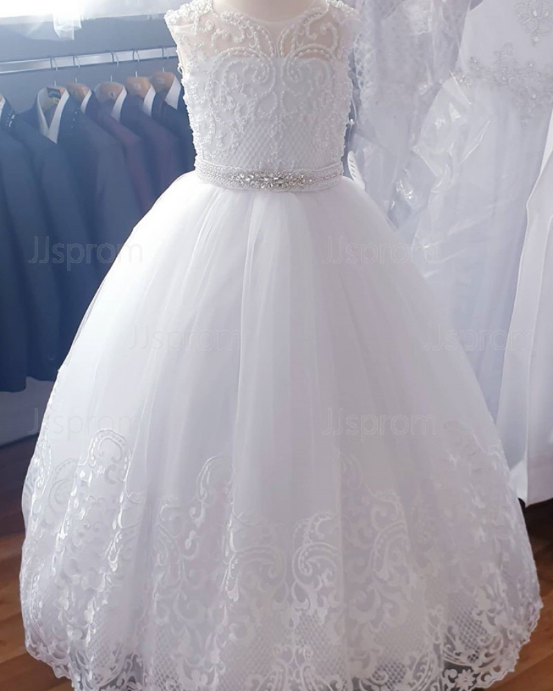 Jewel Neckline White Beading Lace Girl Dress with Belt FG1030
