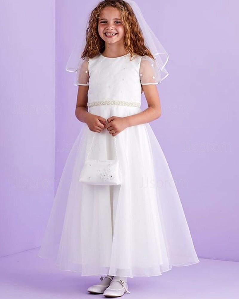 Jewel Neckline White Beading Tulle First Communion Dress with Short Sleeves FG1033