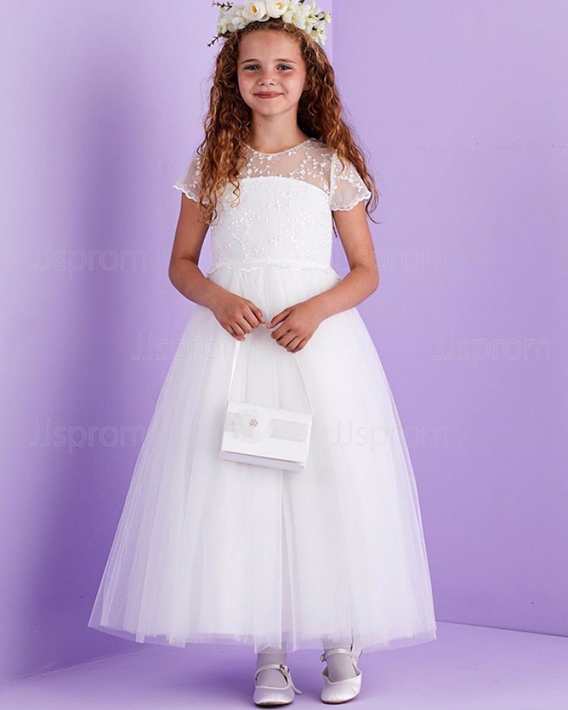 Jewel Lace Bodice Tulle White First Communion Dress with Short Sleeves FG1034
