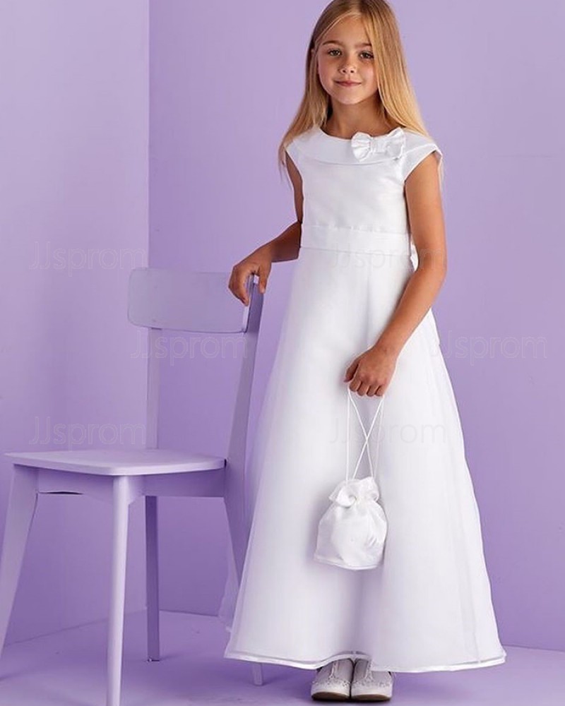 Jewel Neckline White Satin A-line First Communion Dress with Cap Sleeves FG1035