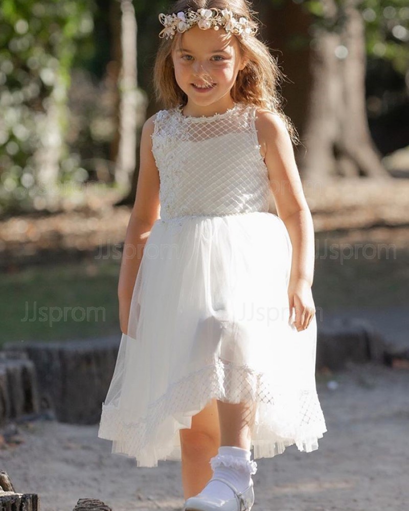 Jewel Neckline Lace Bodice White Tulle Flower Girl Dress FG1037