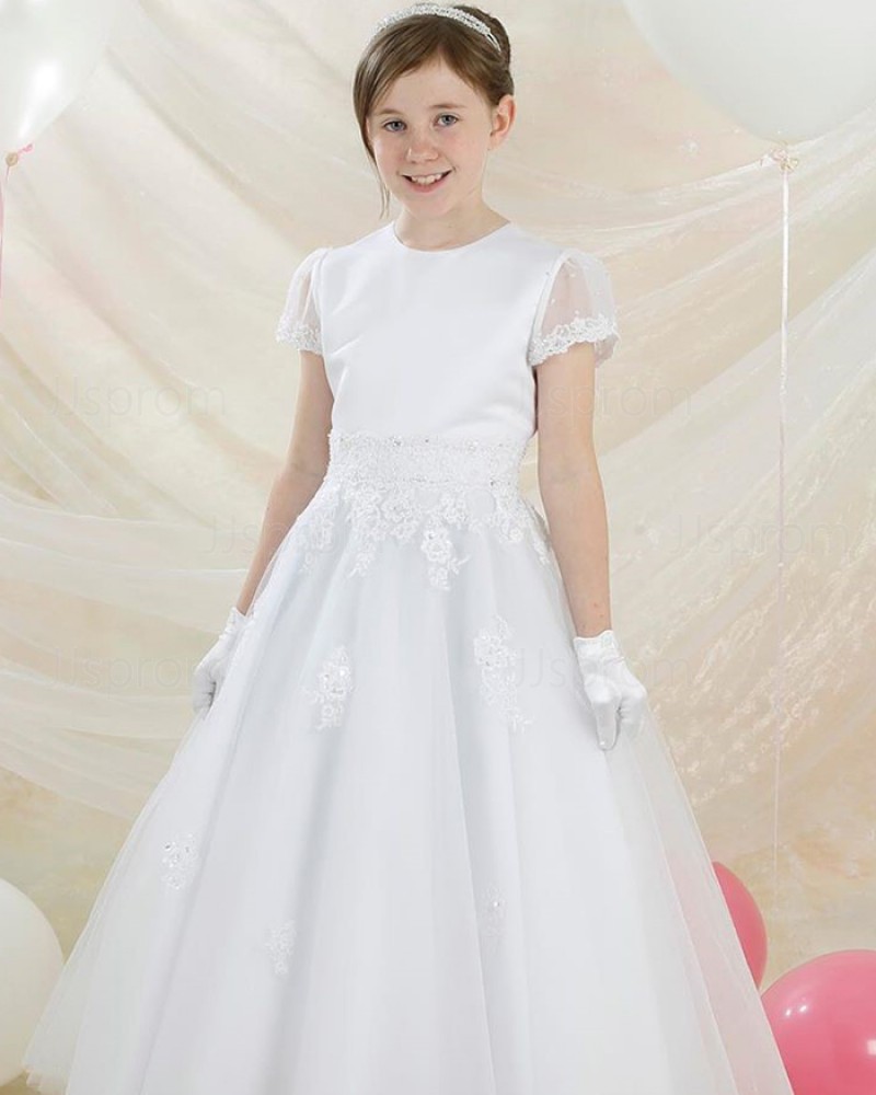 White Round Neckline Applique A-line First Communion Dress with Short Sleeves FG1038