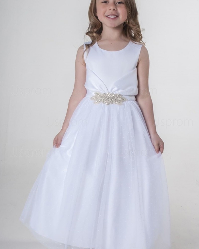 Scoop Neckline White Satin Flower Girl Dress with Belt FG1040