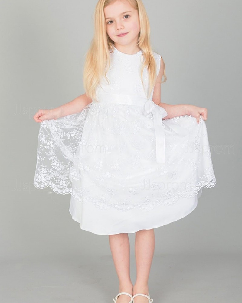 Jewel Neckline Lace White Flower Girl Dress with Sashes FG1043