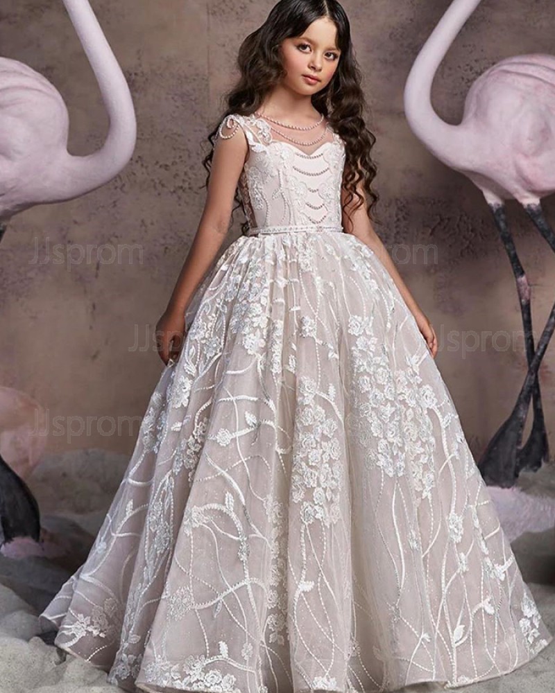 Ivory Beading Lace Appliqued A-line Flower Girl Dress FG1045