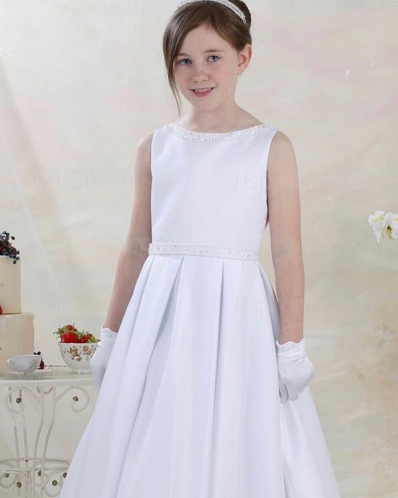 Jewel Neckline Beading White Satin First Communion Dress FG1048