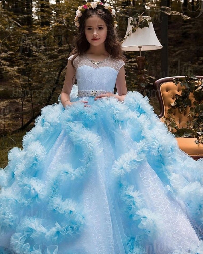 V-neck Lace Ruffled Pageant Dress with Beading Belt FG1049