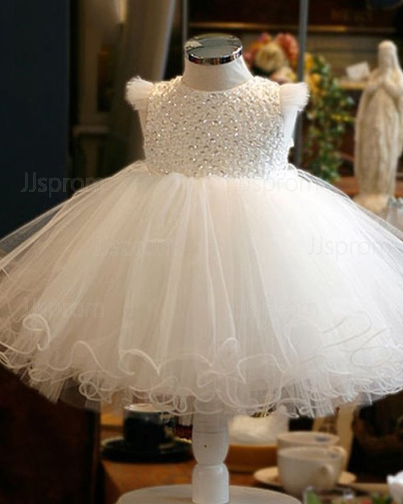 Round Neckline White Beading Bodice Tulle Flower Girl Dress with Cap Sleeves FG1050