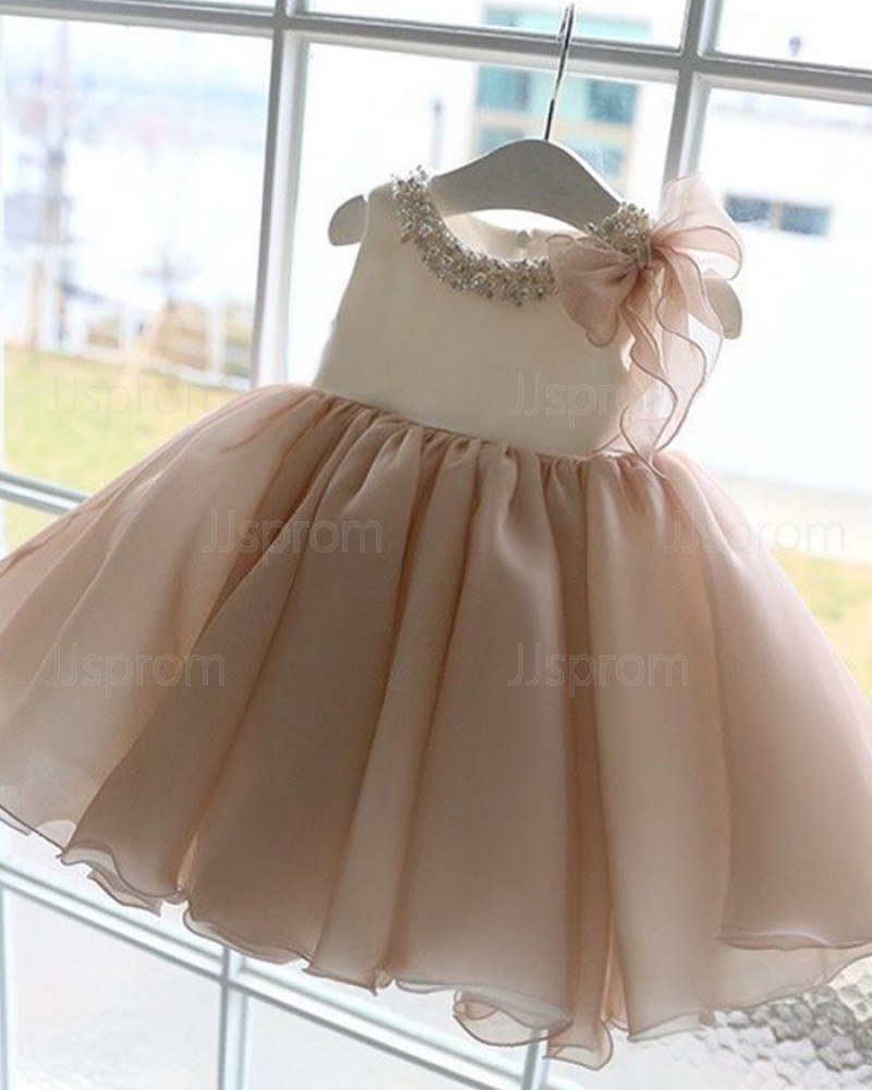 Bateau Neckline Ling Pink Beading Pleated Flower Girl Dress FG1053