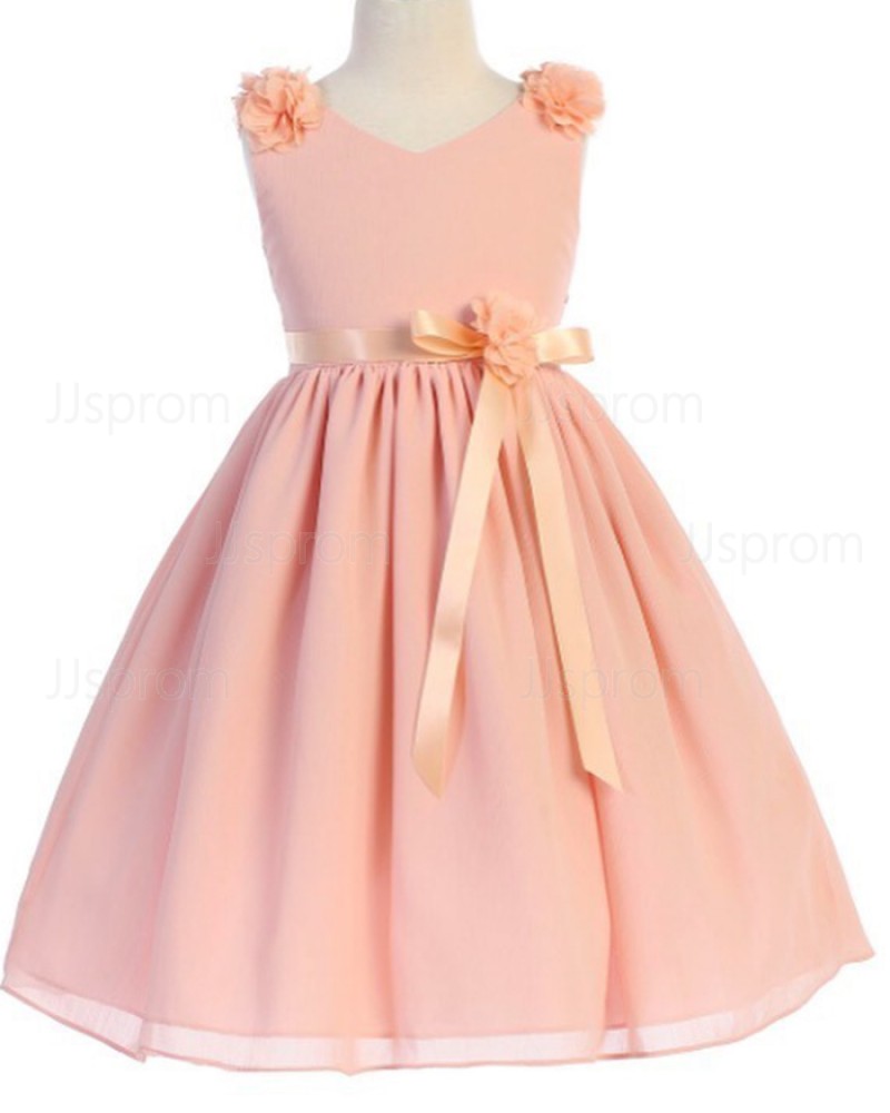 Coral Pink V-neck Pleated Flower Girl Dress with Sashes FG1054