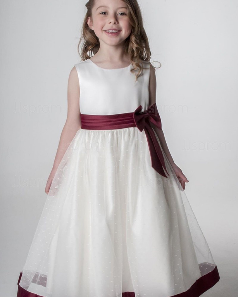White flower girl best sale dress with burgundy sash