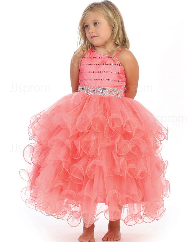 Asymmetric Beading Pink Ruffled Girl's Pageant Dress