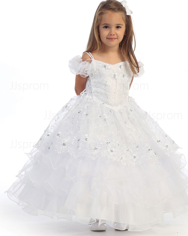 White Cold Shoulder Beading Ball Gown Girl's Pageant Dress
