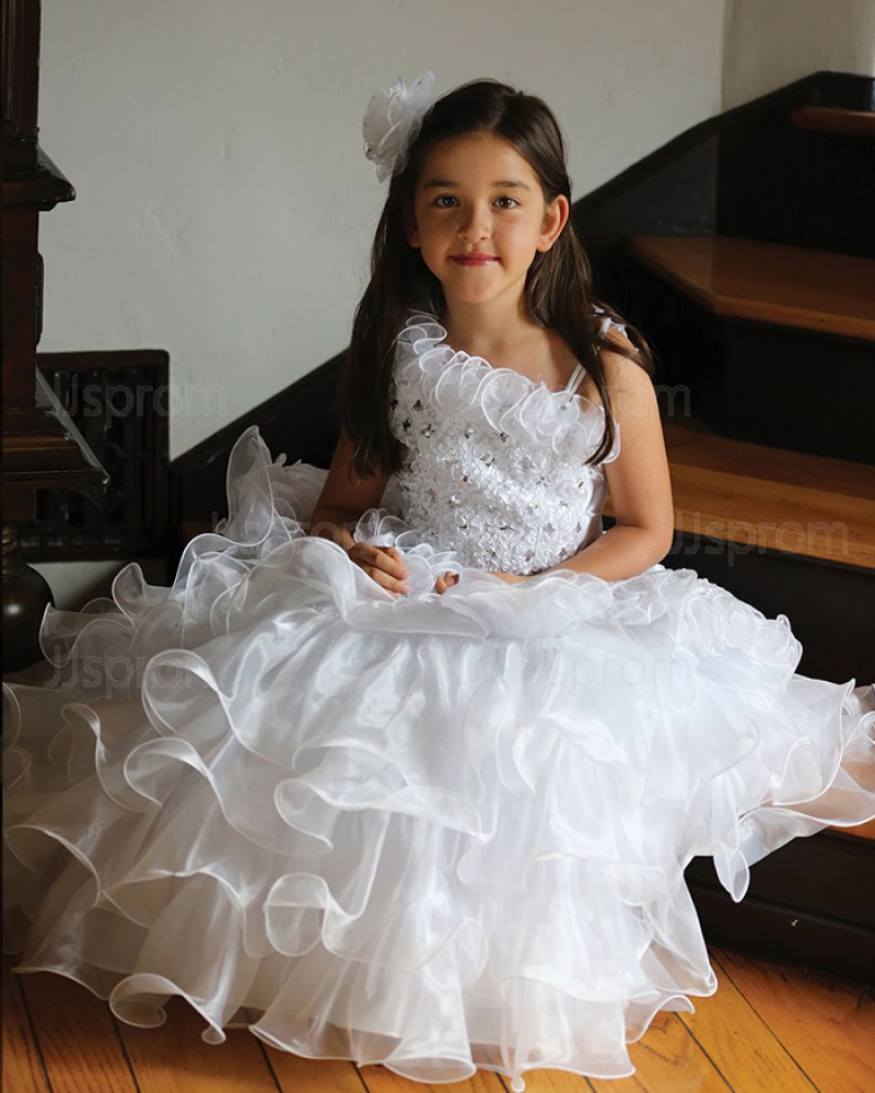 White Asymmetric Beading Ruffled Ball Gown Pageant Dress for Girls