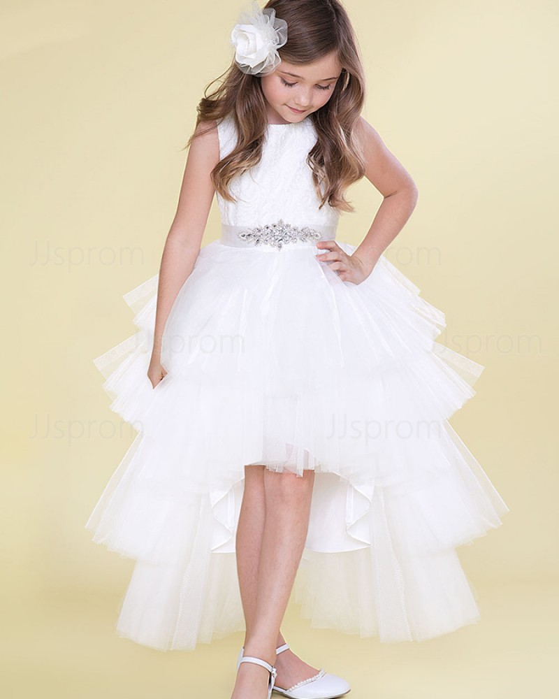 White Pleated Tulle High Low Girl's Pageant Dress with Beading Belt