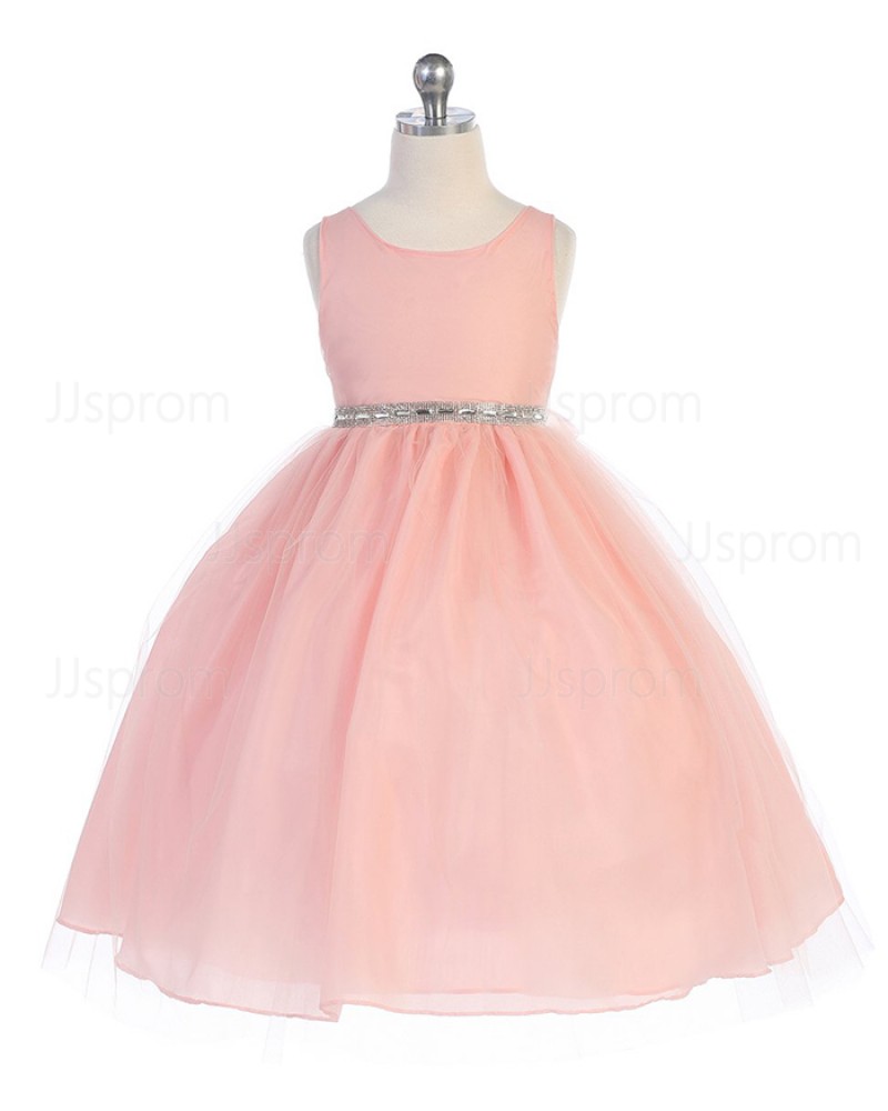 Pink Tulle Scoop Neck Dusty Ball Gown Pageant Dress with Beading Belt