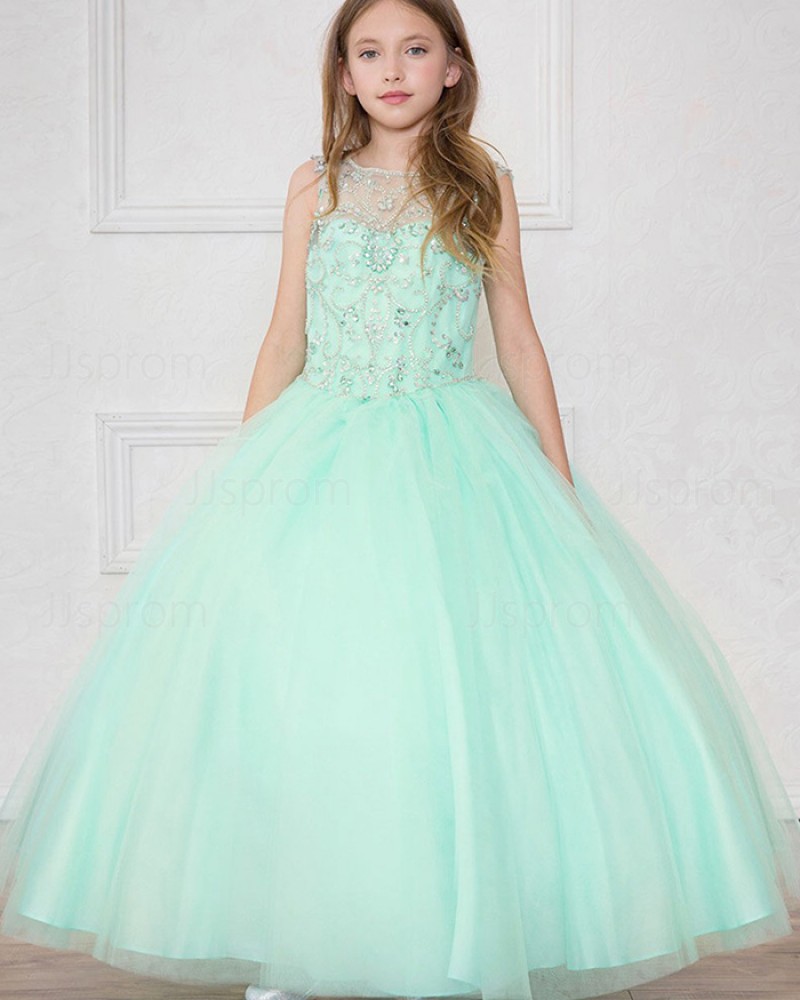 Beading Tulle Sheer Mint Ball Gown Pageant Dress for Girls