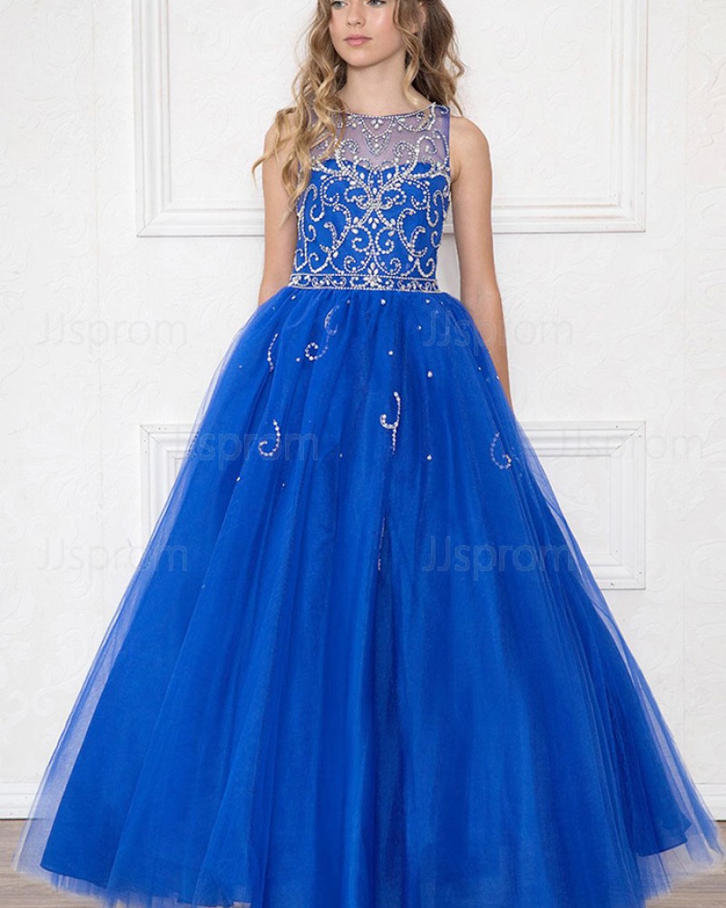 Royal Blue Beading Jewel Sheer Tulle Girl's Pageant Dress