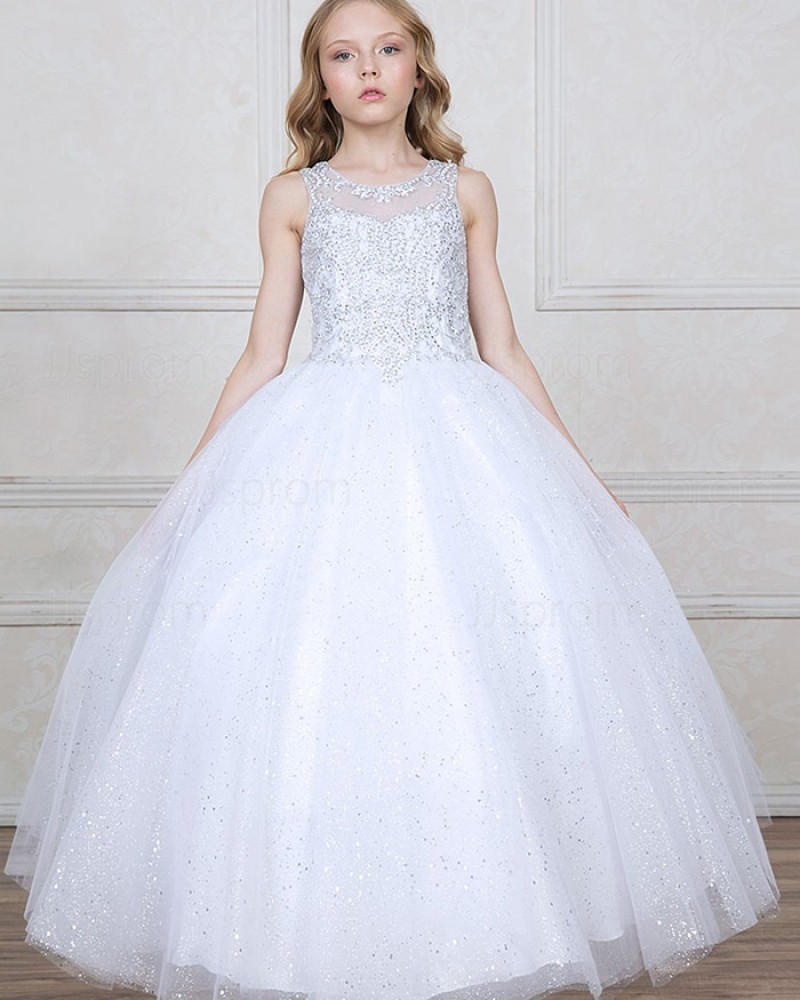 Jewel Sheer White Sparkling Beading Girl's Pageant Dress
