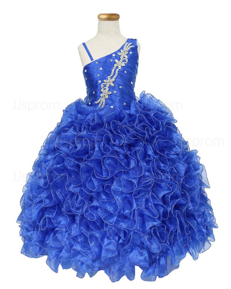 Ruffled Blue Asymmetric Beading Girl's Pageant Dress