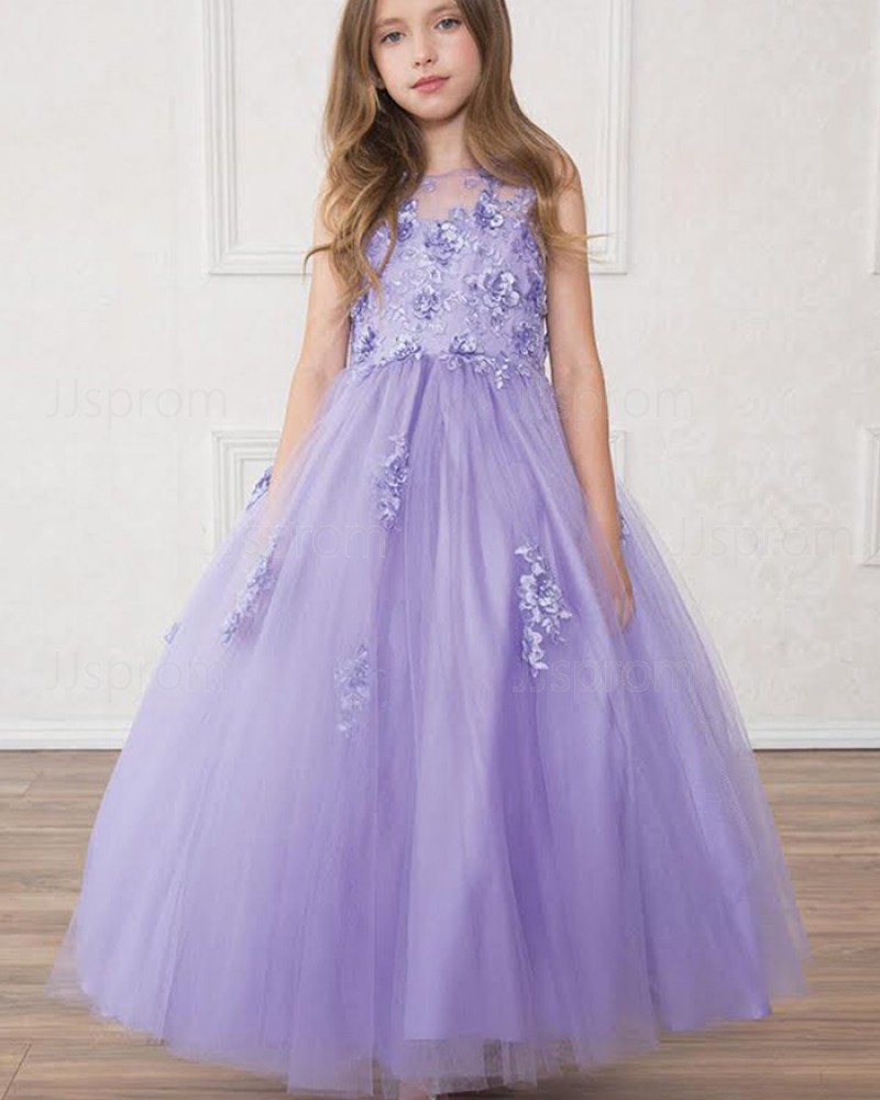 Sheer Neck Purple Appliqued Girl's Pageant Dress