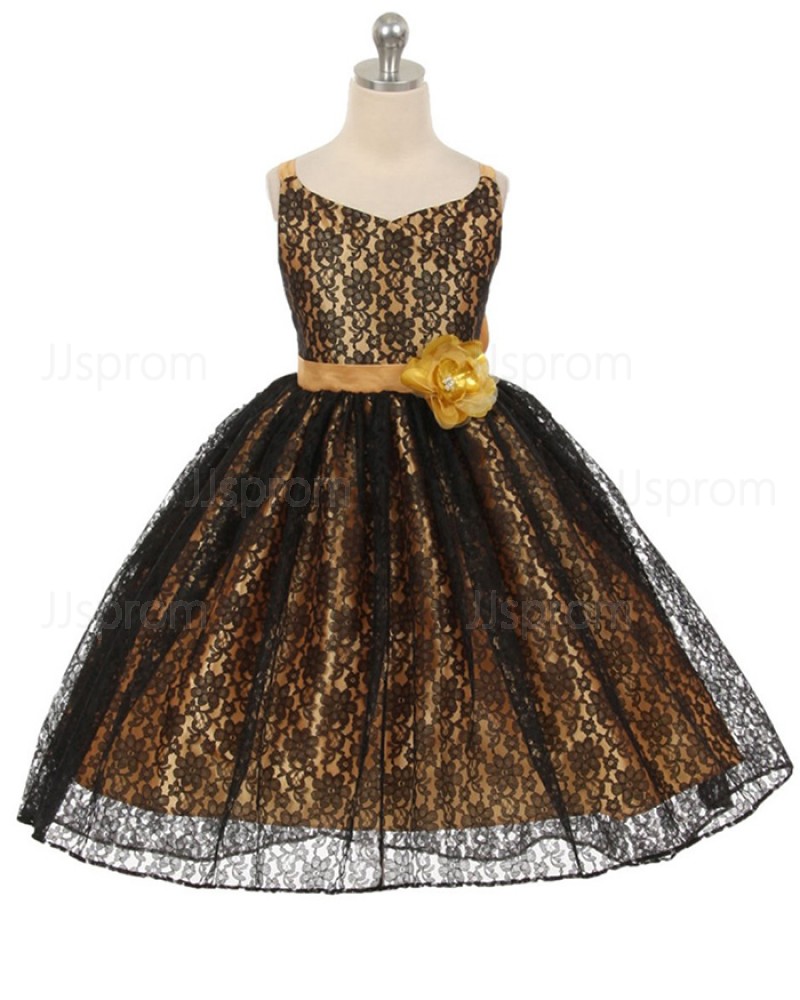 Black Lace V-neck Girl's Pageant Dress with Flower