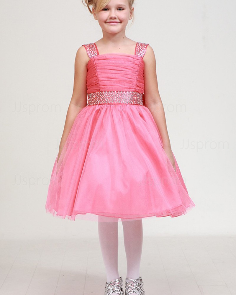 Ruched Beading Pink Square Girl's Pageant Dress