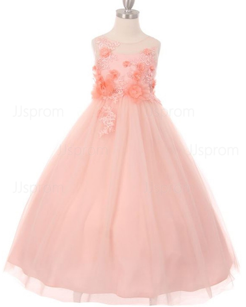 Handmade Flowers Sheer Neck Pink Girl's Pageant Dress