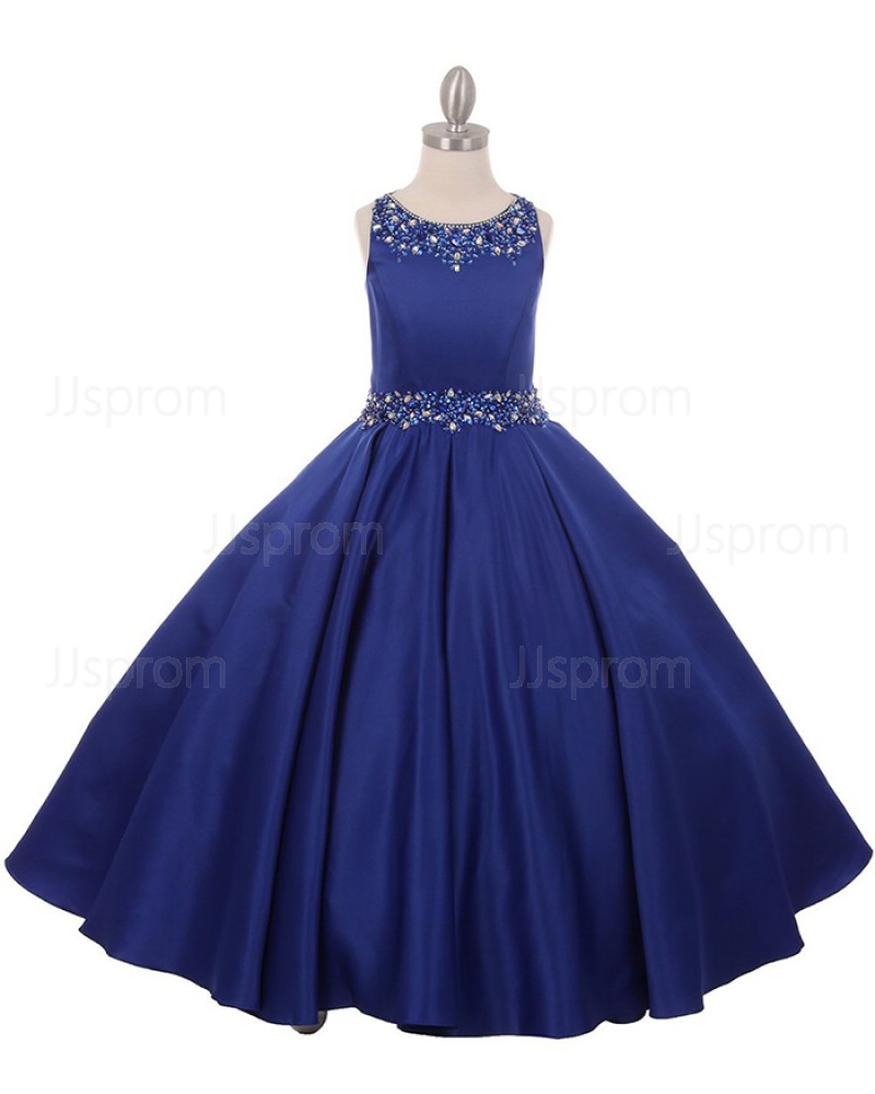 Satin Blue Jewel Beading Pleated Girl's Pageant Dress